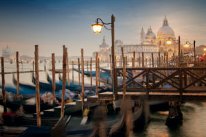 Gondolas, St Mark's Square in the background, blue hour Gondolas, St Mark's Square in the background, blue hour